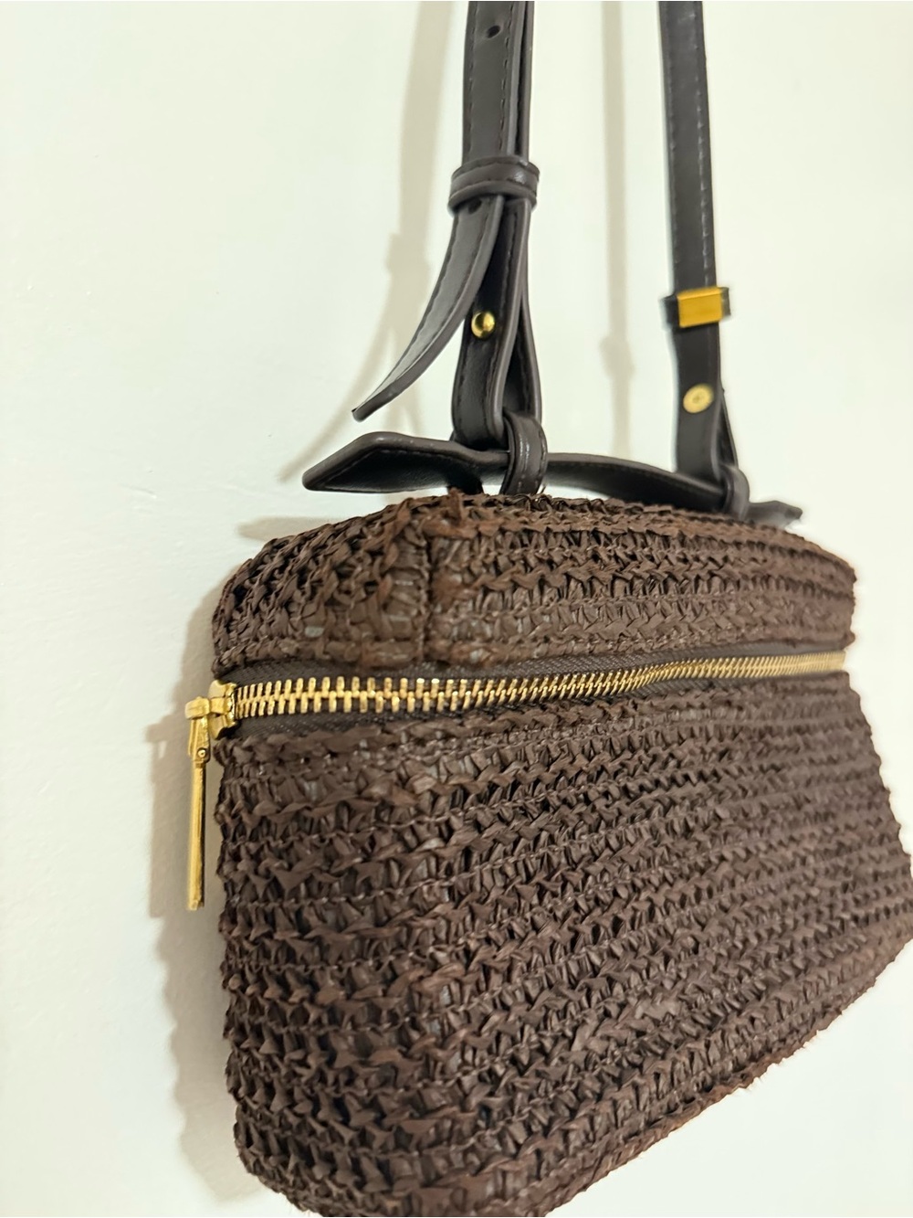 Brown Woven Crossbody Bag with Gold-Zip Accent